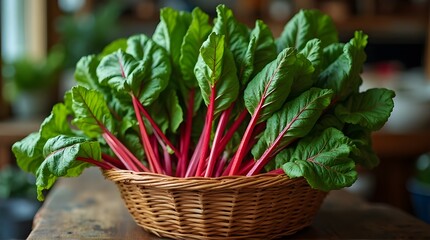 Swiss chard placed in a wicker basket on a wooden surface