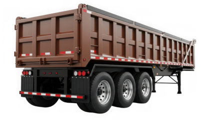 Brown dump trailer with reflective tape on transparent background isolated
