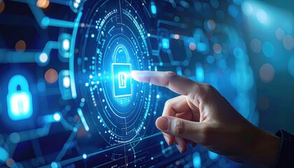Human finger touching a glowing digital padlock icon on a complex blue circuit board interface for cybersecurity