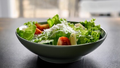 a close up of a delicious and healthy green salad a fresh bowl of lettuce with cucumber tomato and parmesan a concept of a light lunch a healthy diet and nutrition a vegetarian restaurant dish