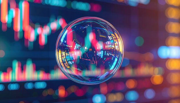 Crystal clear bubble reflecting colorful financial stock market charts and graphs on blurred digital display background - Powered by Adobe