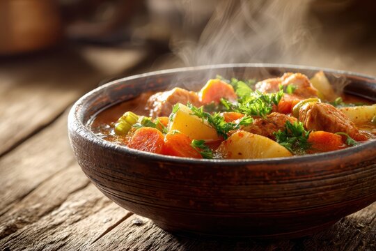 Fresh homemade chicken stew in a rustic ceramic bowl with potatoes, carrots, and celery