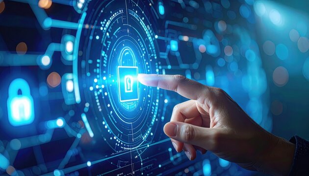 Human finger touching a glowing digital padlock icon on a complex blue circuit board interface for cybersecurity - Powered by Adobe