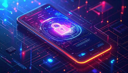 Modern smartphone resting on a dark surface featuring a glowing purple digital padlock icon and circuit patterns representing cybersecurity