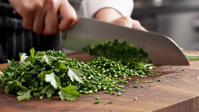 A chef's hands are finely chopping fresh green parsley and chives with a large knife on a wooden cutting board