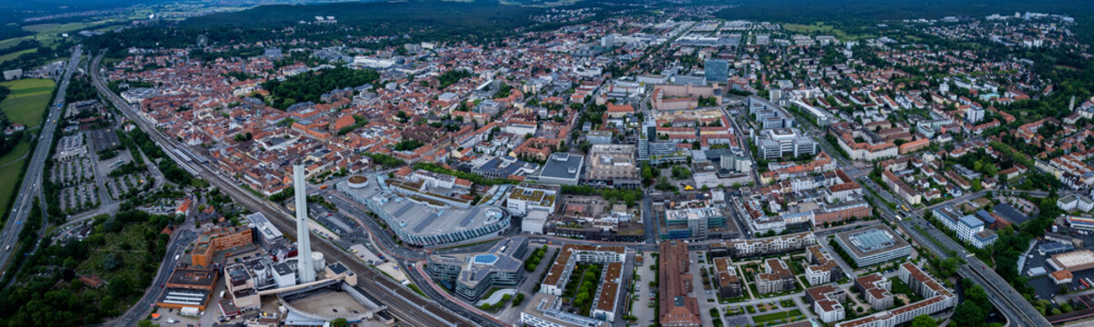 Aerial panoramic view of the city Erlangen in Germany, Bavaria on a sunny spring noon.