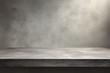 Front view of a minimalist grey table top against a textured wall