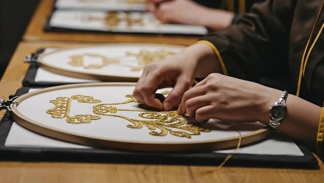 Intricate gold thread embroidery process on white fabric in round frame