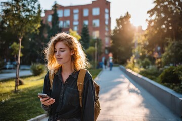 Fototapeta premium Full-length side-profile of a young woman student walking on campus with a smartphone in hand