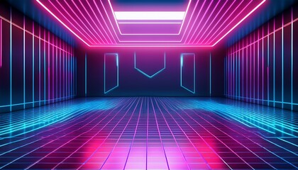 neon lit cyberpunk style room interior design concept with geometric grid floor
