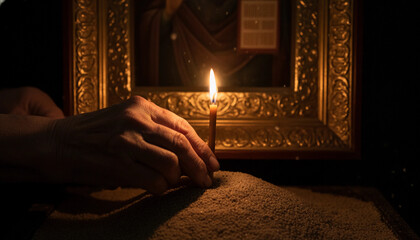 A hand lighting a candle, symbolising spirituality and hope, placed in front of an icon in a dimly lit setting. The soft glow of the candle adds to the serene ambiance