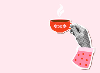 Hand holding a cup of warm coffee with steam on pink background, Fun vector halftone collage for coffee shop advertisements