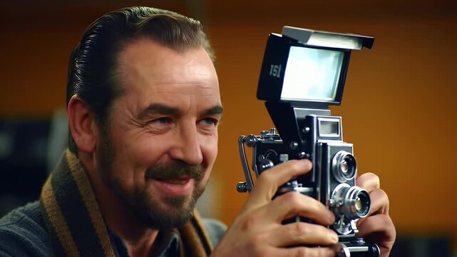 Man with a camera taking a picture, smiling and happy, photography.
