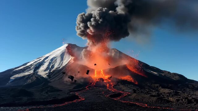 Fiery Volcanic Eruption Lava Flow and Ash Plume