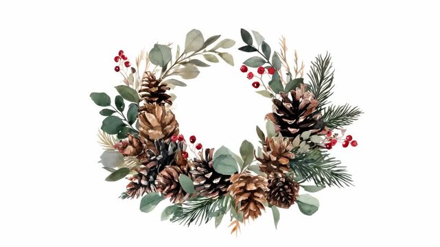 Festive pinecone and berry christmas wreath with greenery