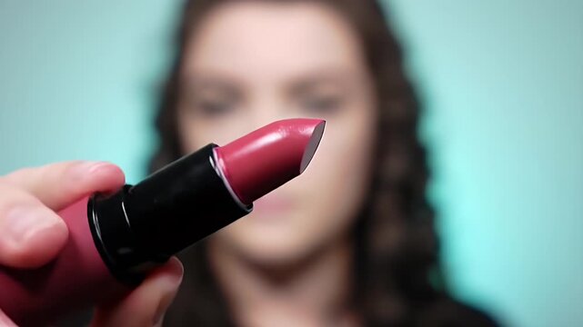 Close-up Demonstration of applying Pink Lipstick, beauty product, makeup and style, fashion