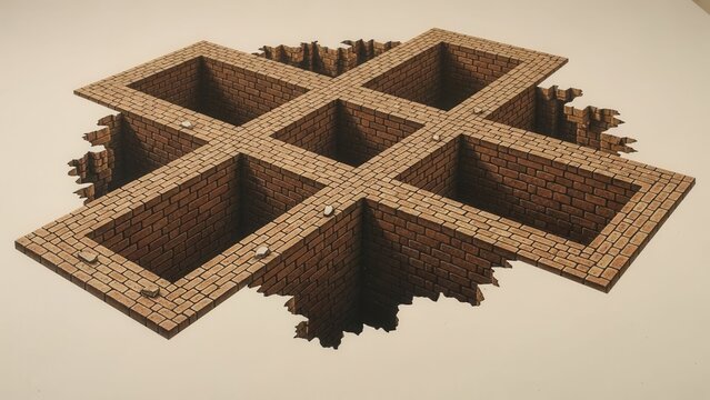 Optical Illusion 3D Floor Painting of Geometric Brick Wells