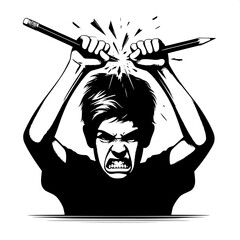 Black and White Vector Angry Boy Breaking a Pencil