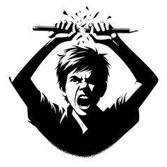 Black and White Vector Angry Boy Breaking a Pencil
