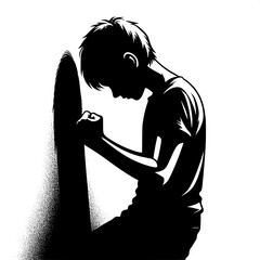 Black and White Vector Angry Boy Leaning Against Wall