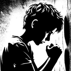Black and White Vector Angry Boy Leaning Against Wall
