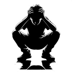Black and White Vector Angry Boy Squatting in Frustration