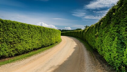 Naklejka premium scenic winding dirt road surrounded by lush green hedges