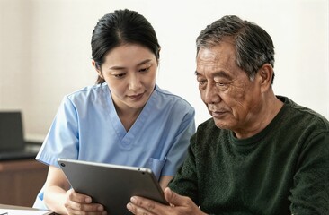Obraz premium Nurse assisting senior man with digital tablet for healthcare guidance