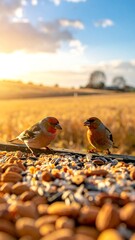 Two small birds with reddish patches perch on a platform filled with nuts and seeds, bathed in warm sunlight. Fields and sky