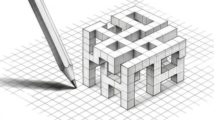 Pencil Drawing Impossible Cube Optical Illusion Sketch on Grid Paper