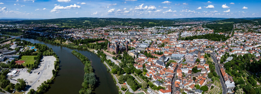 Aerial panoramic view of the old town city Aschaffenburg in Germany, Bavaria on a sunny spring noon.