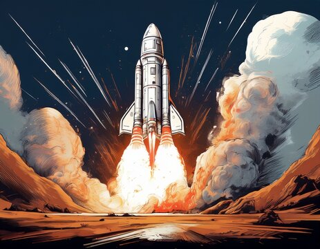 sketch style spacecraft blasts off from the ground with smoke and fire