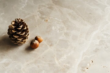 Minimal Pinecone and Hazelnut Still Life on Neutral Stone Background