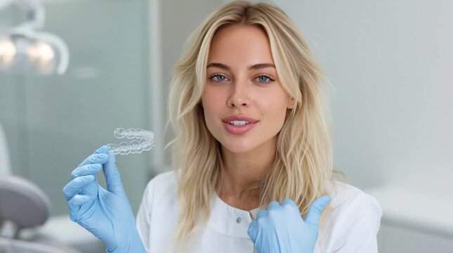 Woman holding dental aligner smiles in medical setting