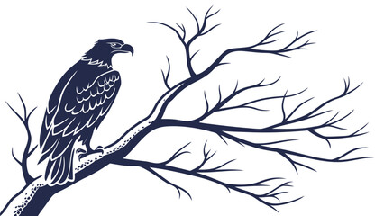 Fototapeta premium Majestic dark eagle perched on a barren skeletal tree branch under a stark white background symbolizing solitude and wilderness with wildlife