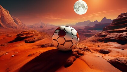 a surprising discovery of a soccer ball on mars a surreal and humorous image of an out of place object a concept of space exploration and finding signs of life a sci fi landscape with a football