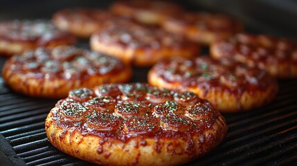 A selection of grilled pizzas features a glossy sweet sauce topping and fresh herbs.