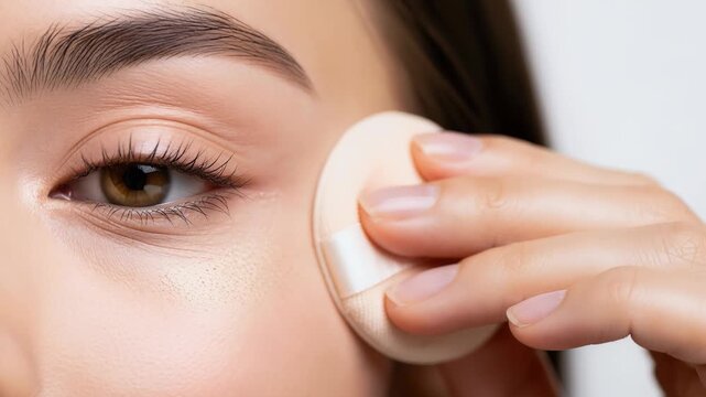 A woman applies face powder under her eye with a cosmetic puff. Macro shot of a makeup routine for flawless skin. Beauty and skincare concept