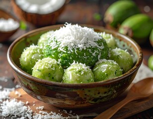 Close-up of green, spherical food, covered in shredded white topping, presented in a decorative, brown ceramic bowl with wooden spoon