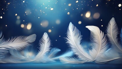 white feathers float against a dark blue background with sparkling light