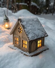 Naklejka premium Cozy Miniature Wooden House in a Snowy Winter Landscape