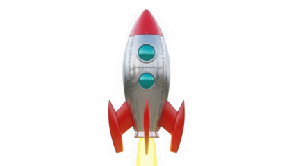Red and silver toy rocket ship isolated on transparent background