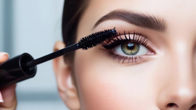 Woman applying black mascara to long eyelashes with a brush. Animated macro view of eye makeup application. Beauty and cosmetics concept