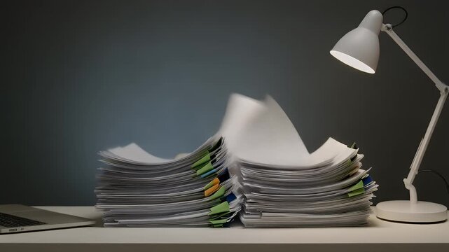 A work desk shows a laptop and a large stack of papers with colorful binder clips. An adjustable lamp shines light