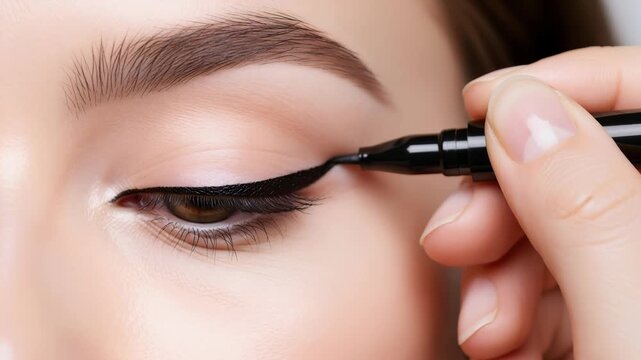 A makeup artist applying black liquid eyeliner on a woman's eye. Creating a classic winged cat eye look. Professional beauty and cosmetics application
