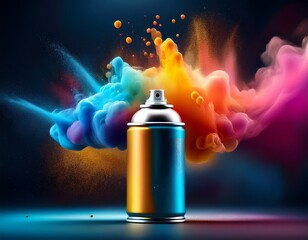 a spray paint can releasing colorful smoke in blue yellow pink and orange the background dark the smoke dotted with tiny colorful particles