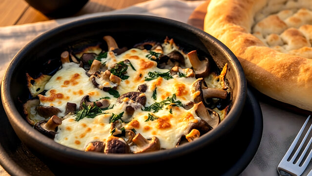 Still life, authentic Georgian soko kezhatsa (mushrooms baked with cheese), melted sulguni cheese bubbling over saut&eacute;ed wild mushrooms, herbs 