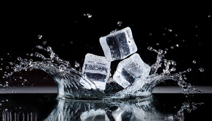 ice cubes splashing in water on a reflective black surface with water droplets in the air