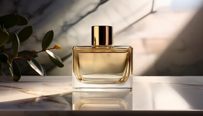 sleek rectangular perfume bottle with golden flat cap on white marble vanity reflecting sunlight