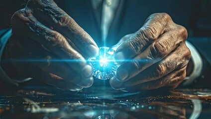 Close up of hands holding a sparkling brilliant cut diamond gemstone